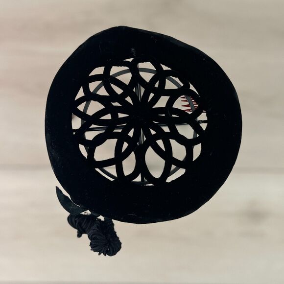 Vintage 50s Black Velvet Open-lattice Pom Pom Pillbox Hat, Vivian San Francisco